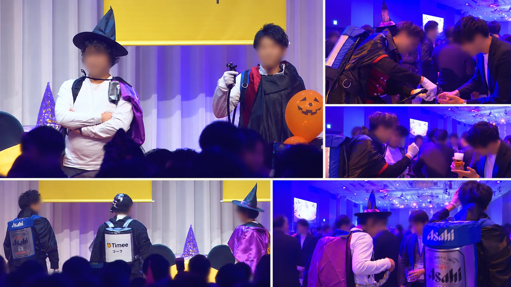 ハロウィンイベントで背負い式ドリンクサーバーを使い、参加者へ飲み物を提供する実際のイベント風景。人物の顔はプライバシー保護のため加工済み