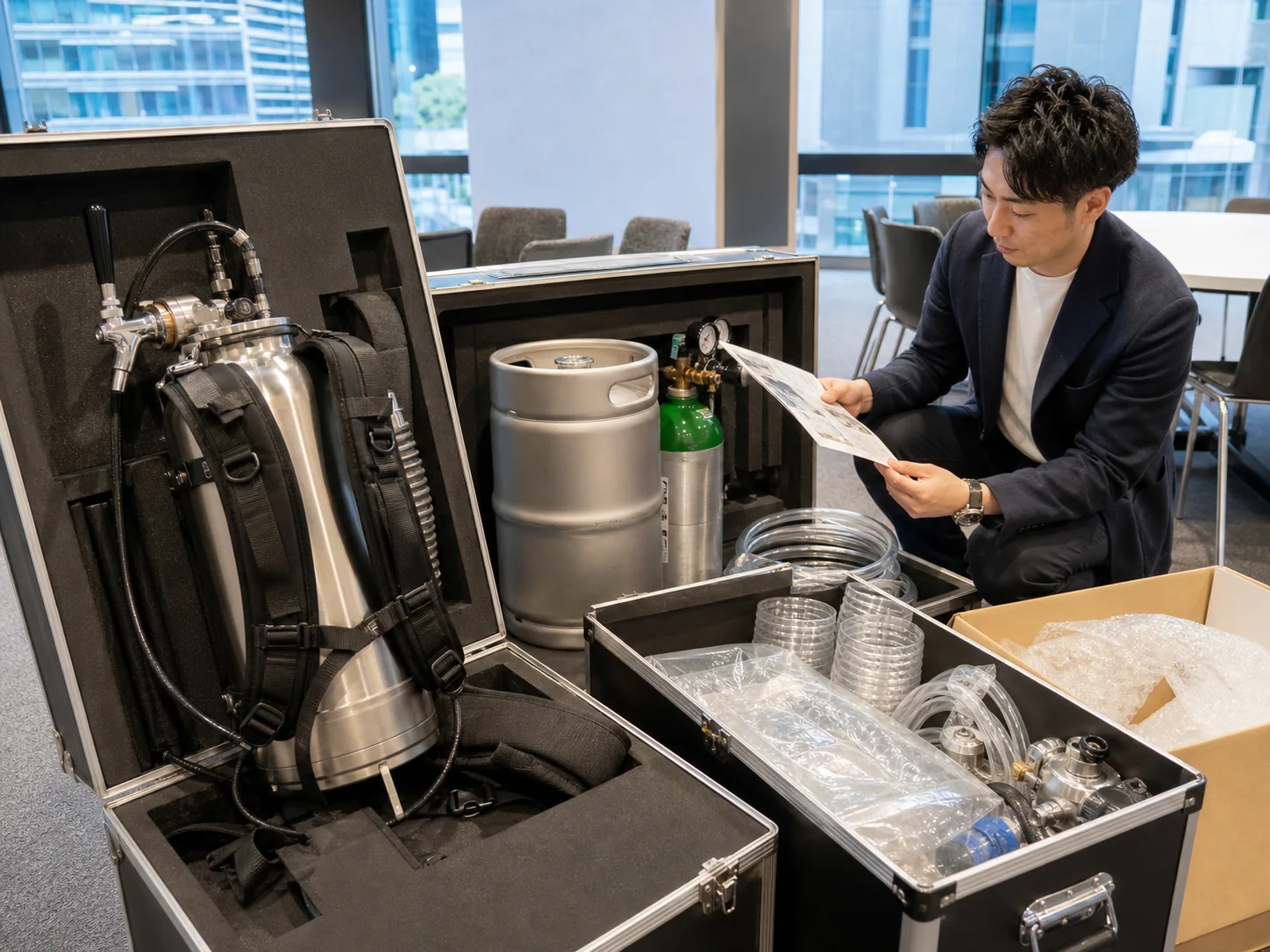 会場に届いた背負いビールサーバーと備品一式