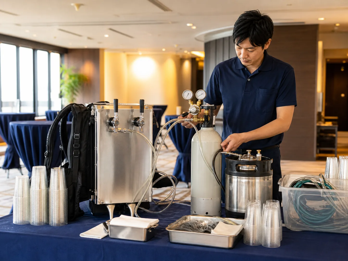 イベント会場で機材を設営する派遣スタッフ