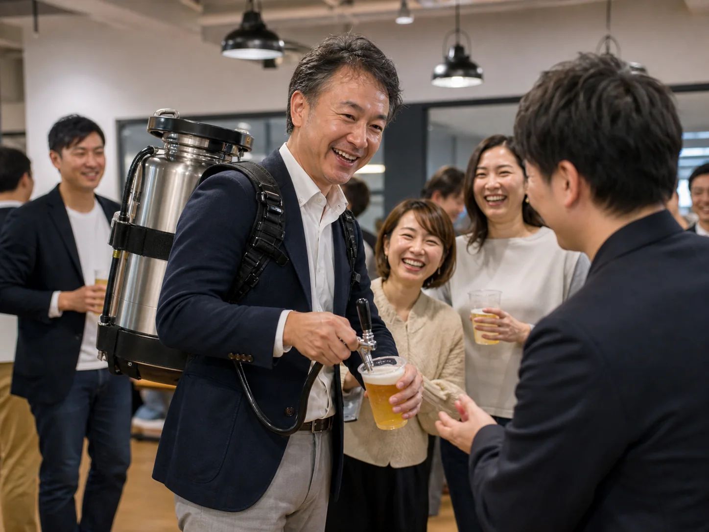 その日の主役が背負いビールサーバーで参加者にビールを注ぐ様子