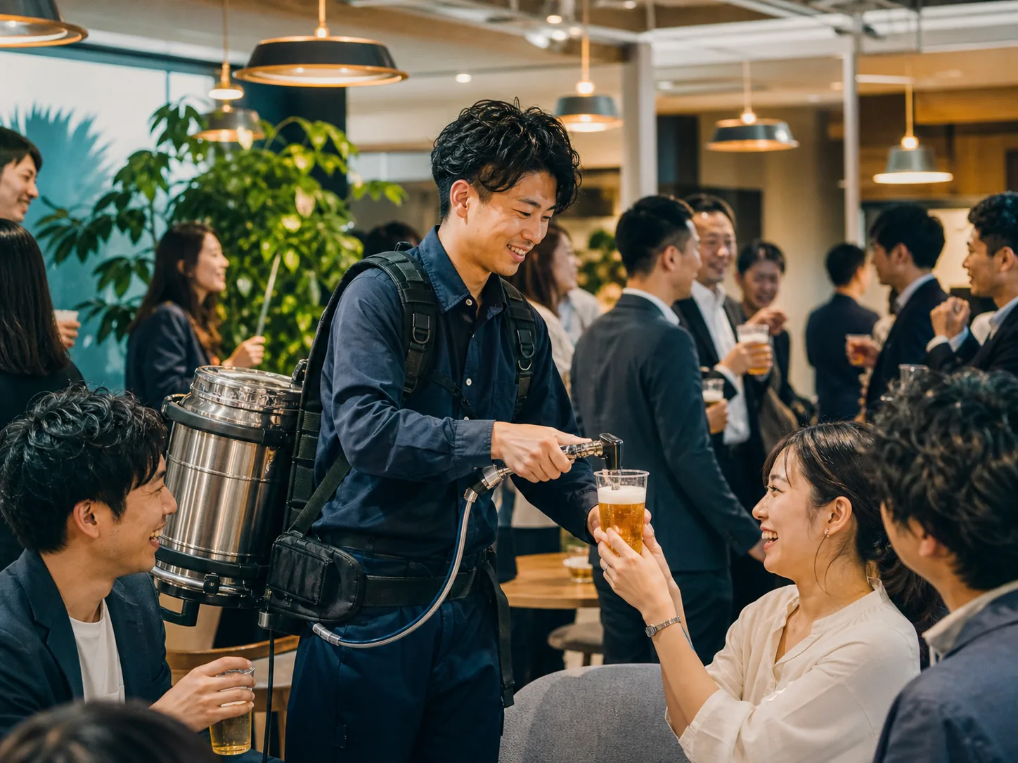 背負いビールサーバーからカップへビールを試し注ぎする様子