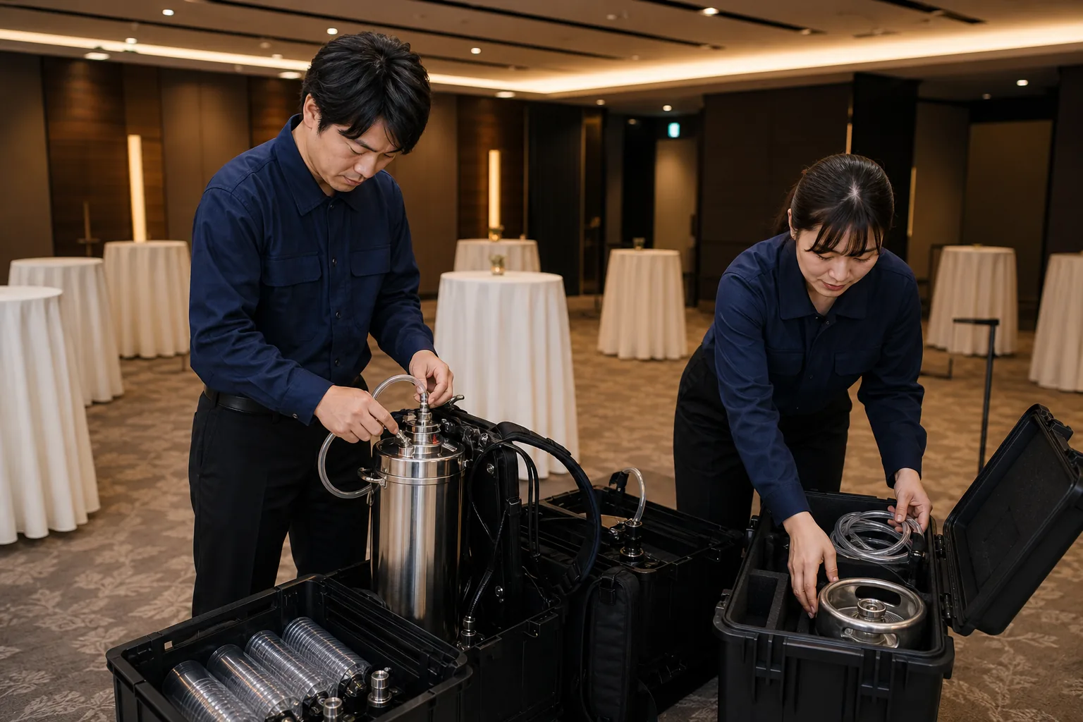 イベント終了後に背負いビールサーバーを片付けるスタッフ