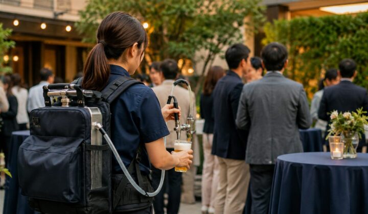 背負いビールサーバーで参加者へ提供するイベントスタッフ