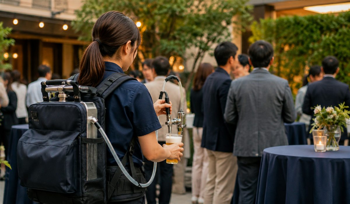 背負いビールサーバーで参加者へ提供するイベントスタッフ