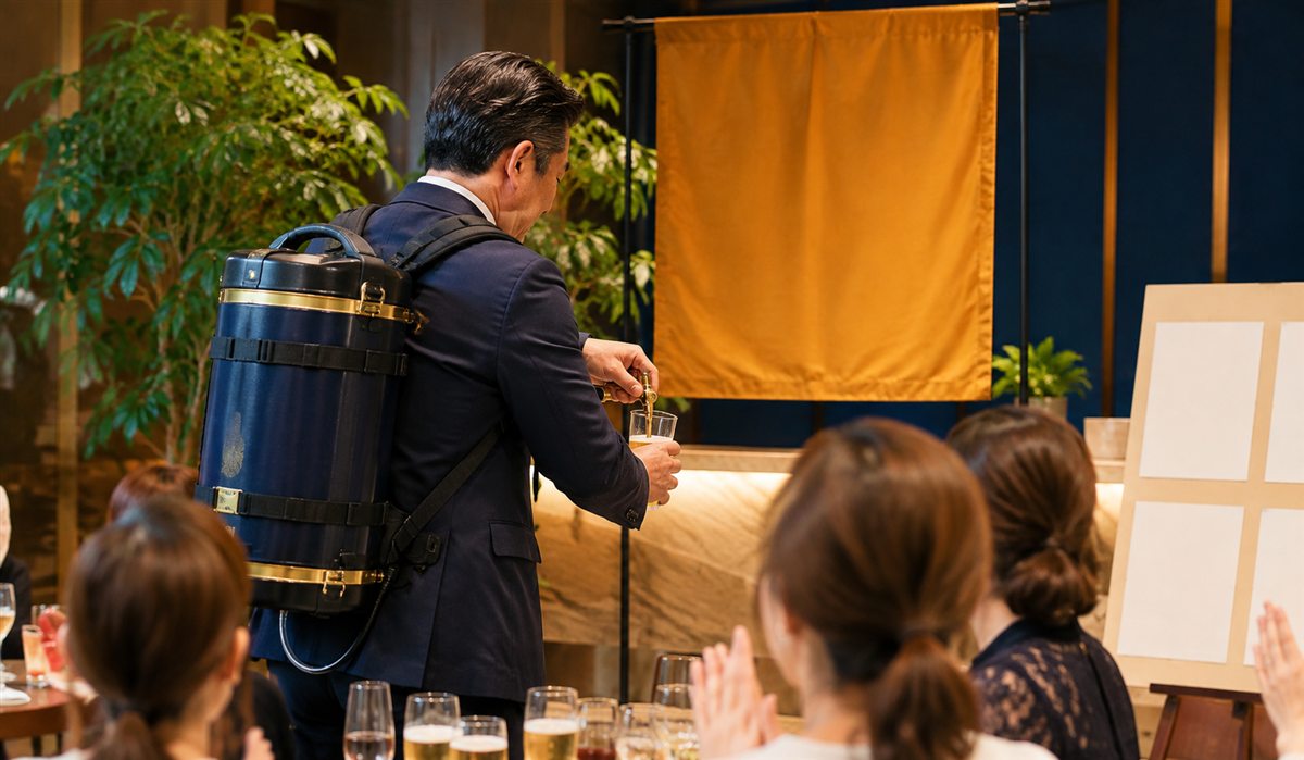 社長が背負いビールサーバーで懇親会を盛り上げる演出
