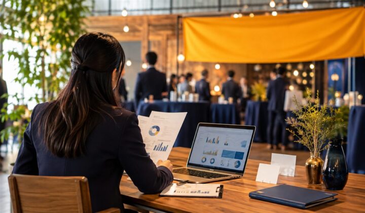 社内イベントの成果と参加者アンケートを確認する担当者