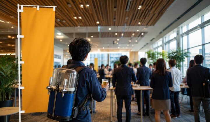 のぼりと背負いサーバーで盛り上がる実際の社内イベント