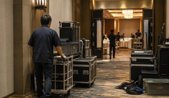 ホテル宴会場の入口で準備されるイベント機材